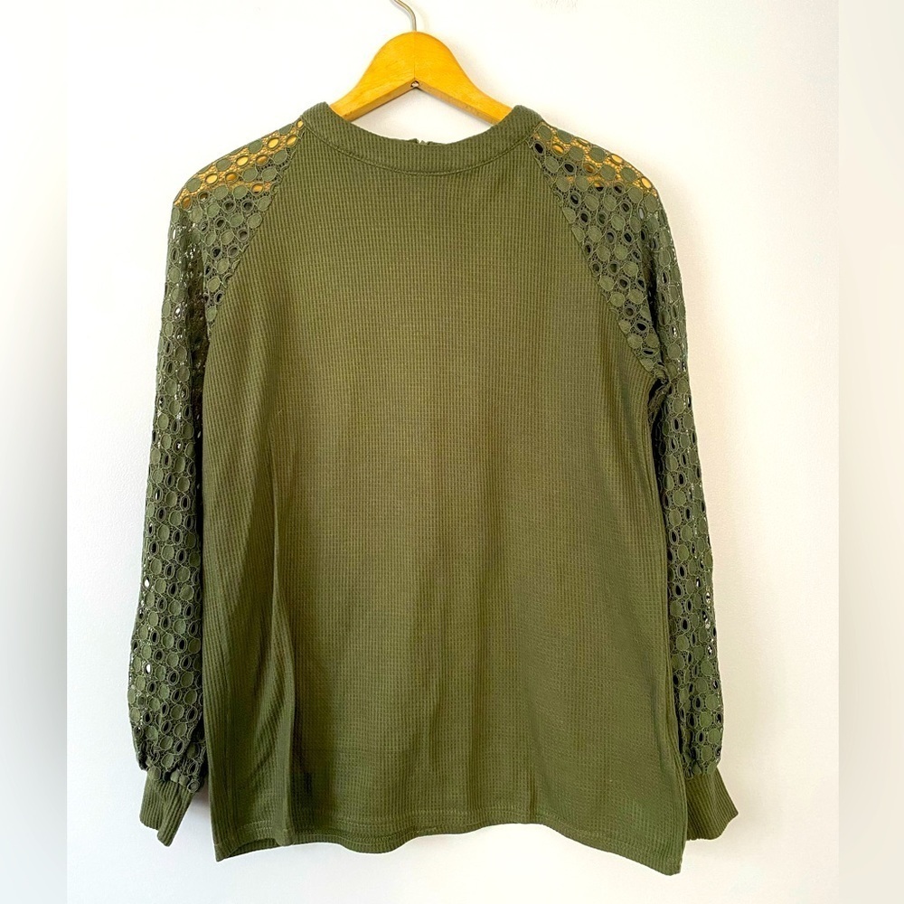 Miholl Womens Top Size Small Waffle Knit Lace Sleeve Green Thermal T-shirt Tee